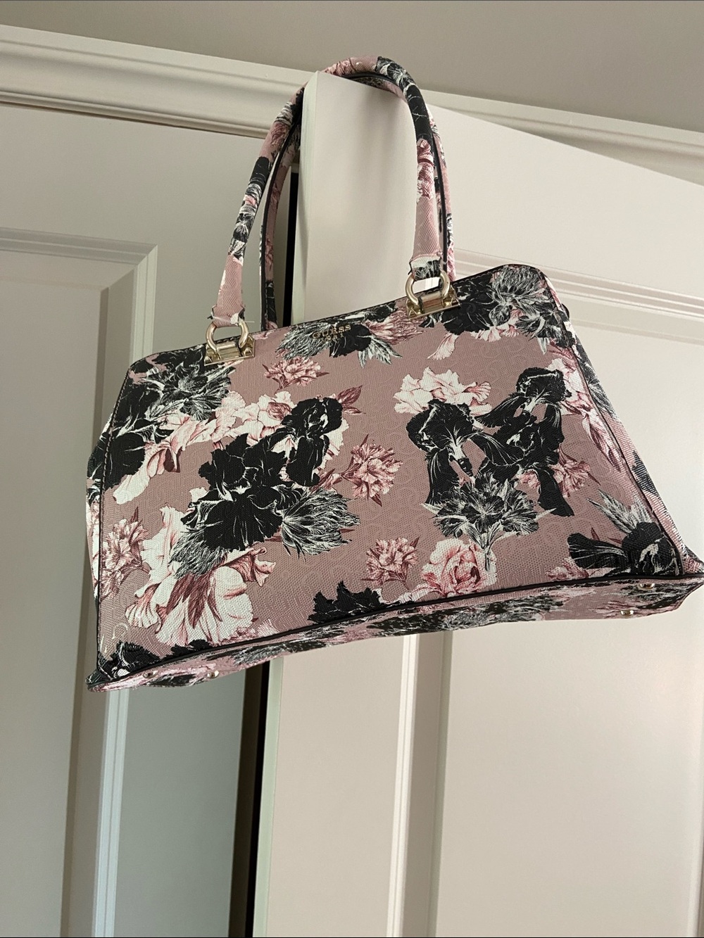 Guess Pink Floral Tote Bag with Black and Cream Accents